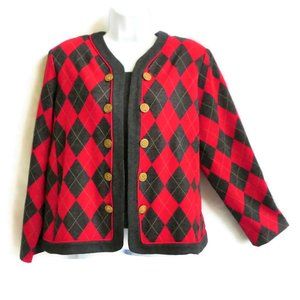 Vintage Stuart Alan USA Cardigan Diamond Plaid Argyle Red Gray Preppy XL